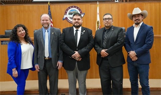 Councilmember Leslie Altamirano, Mayor Pro Tem Berkson, Mayor Silva, Councilmember Barajas and Councilmember Carmona pose in council chambers.