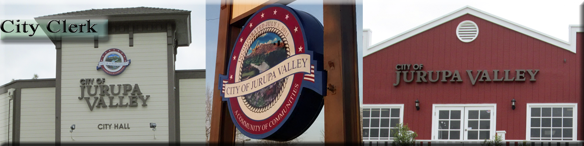 City Clerk -  City of Jurupa Valley City Hall, Sign, and Red Building with "City of Jurupa Valley