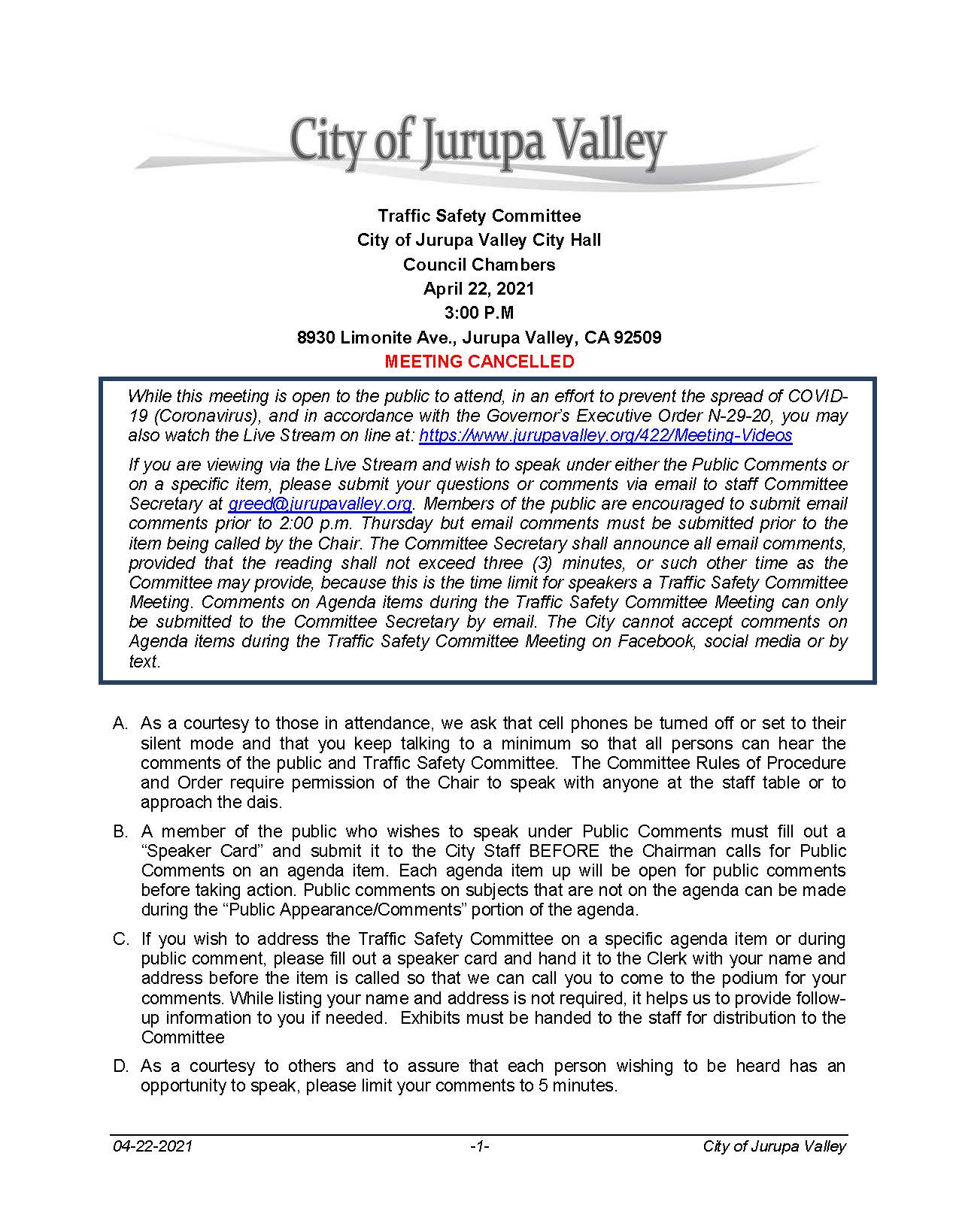 04-22-2021 TSC Agenda - MEETING CANCELLED