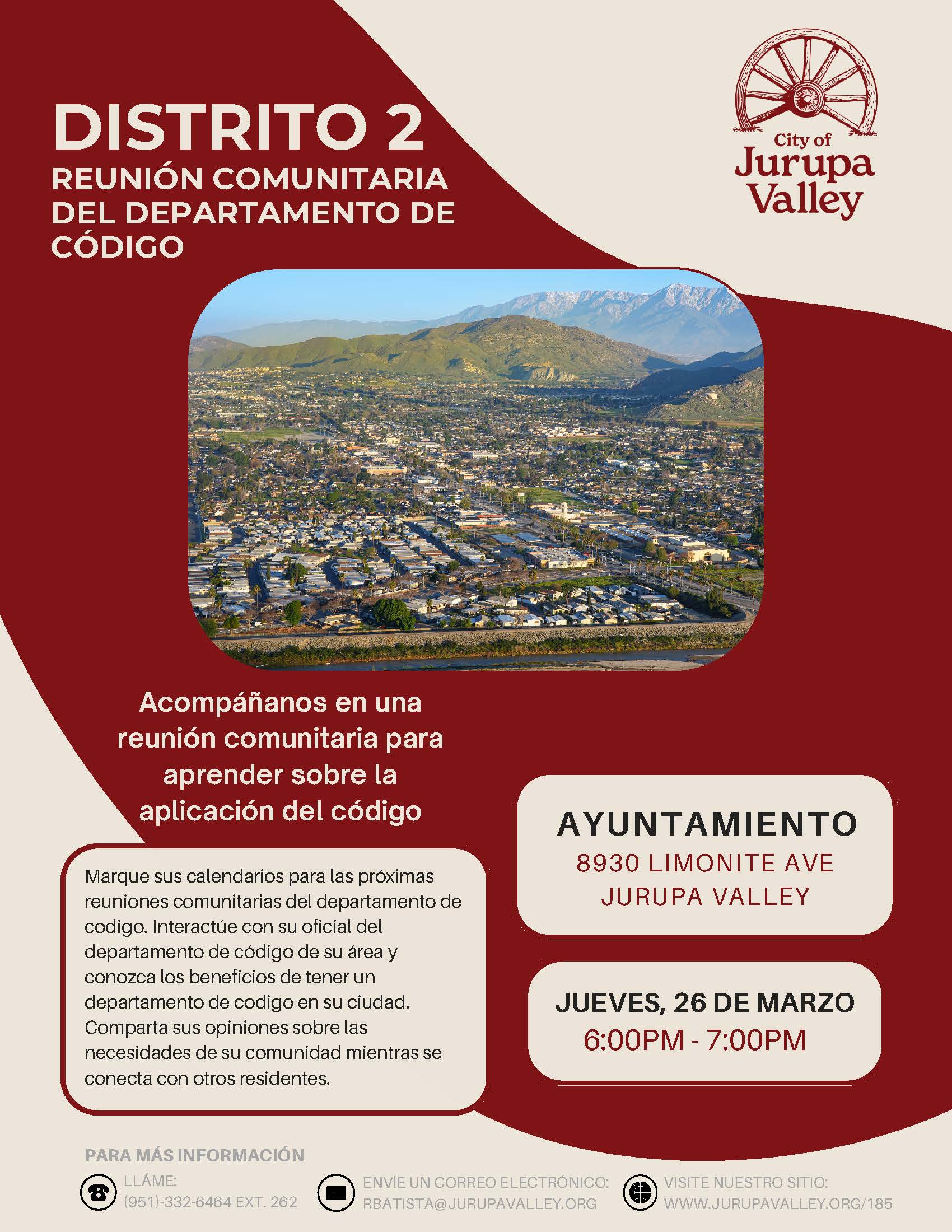 Code Enforcement Community Meeting Spanish flyer for District 2 on March 26 at City Hall