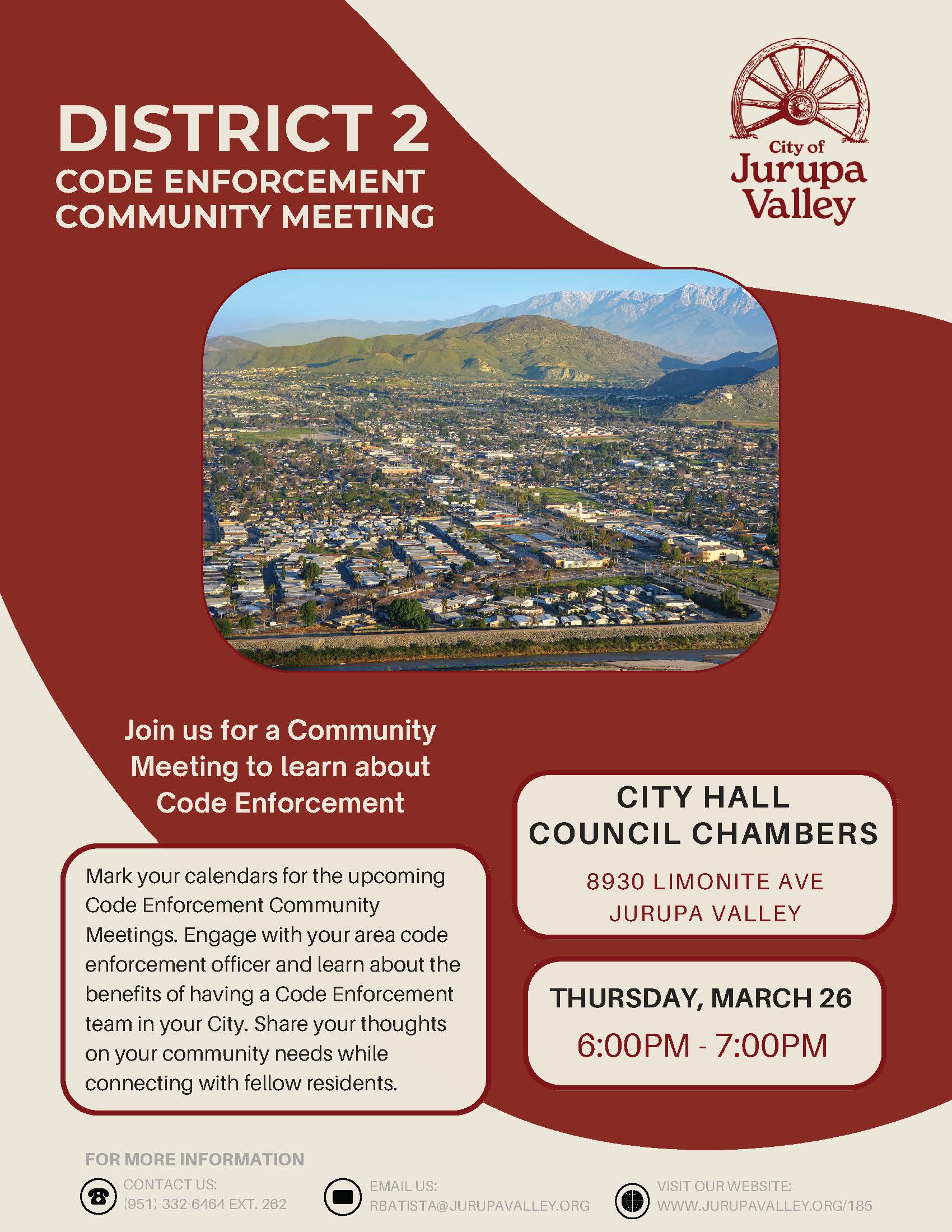 Code Enforcement Community Meeting English flyer for District 2 on March 26 at City Hall